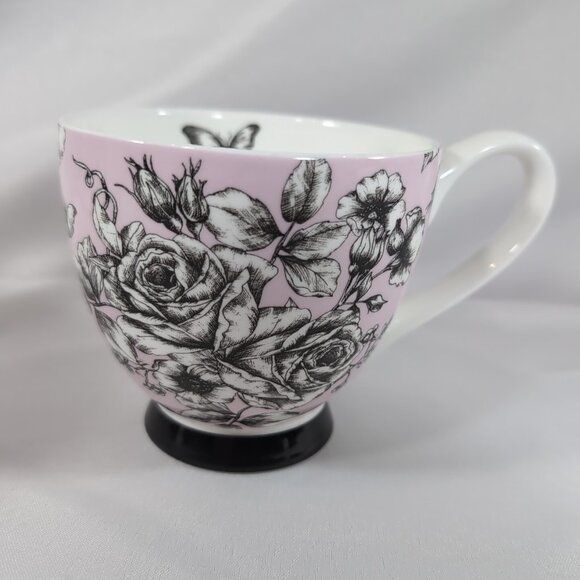 Portobello by Inspire Floral Mug Rose Pink Border Butterfly Black 2 Set Pedestal - Picture 6 of 13